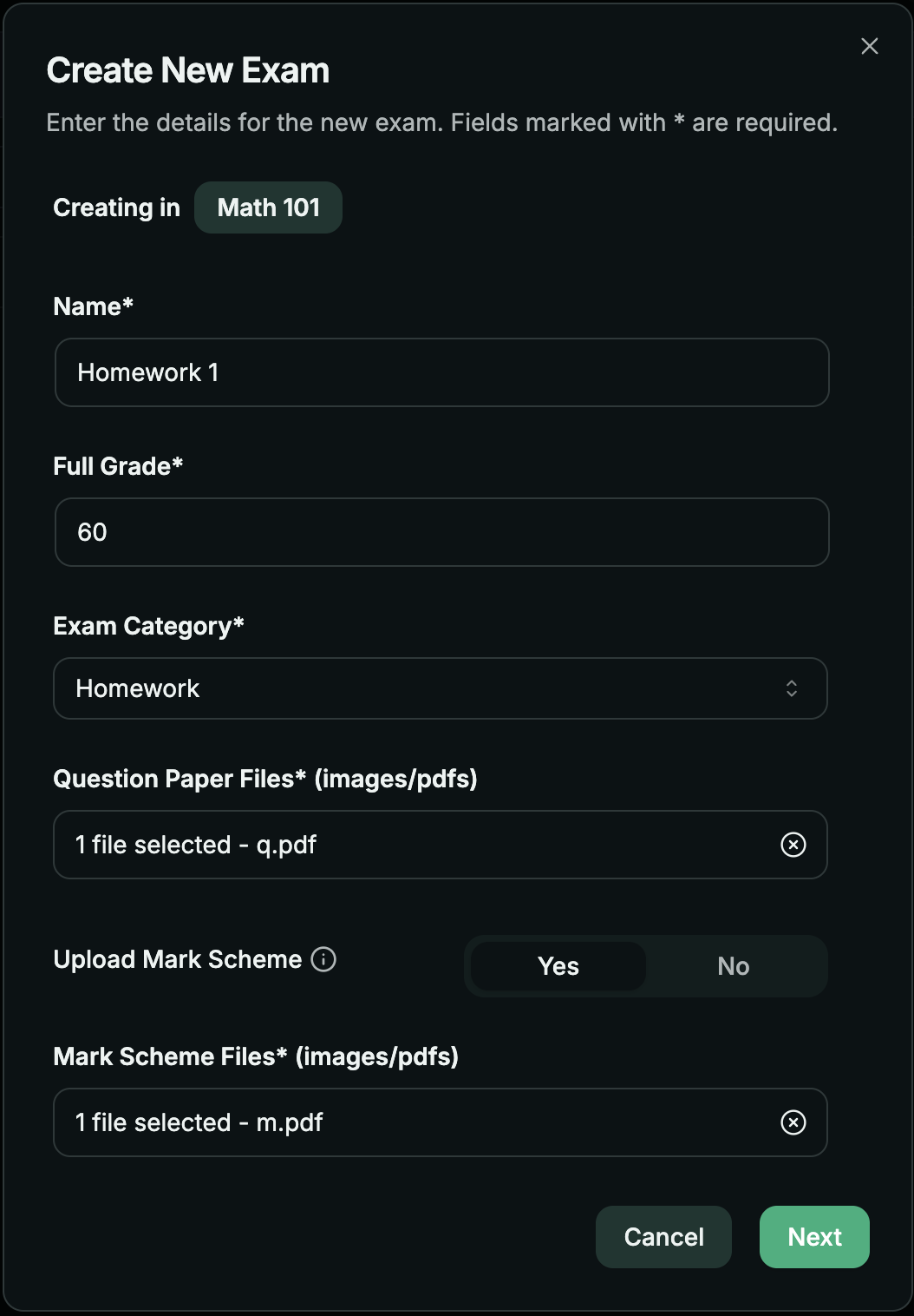 The first Create New Exam screen with Math 101 selected, the exam details completed, and the question paper and mark scheme attached